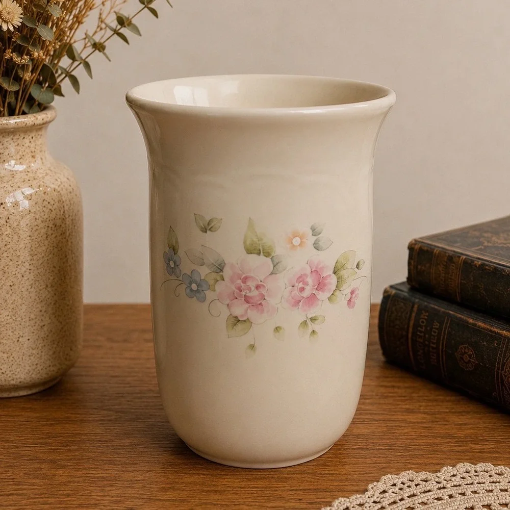 Pfaltzgraff Tea Rose Vase Vintage Ceramic Crock Stoneware Cream Pink USA Made
